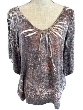 One World Live And Let Live Top V-Neck Leopard & Paisley Print 3/4 Sleeve L
